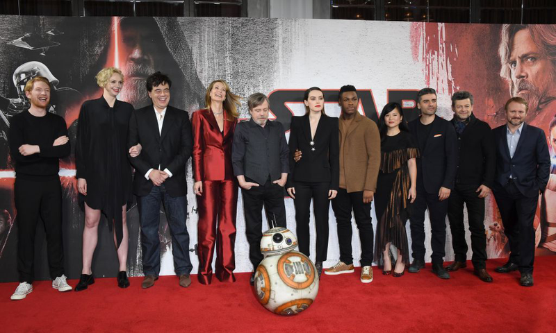 Johnson and the principal cast of Star Wars: The Last Jedi at a London photocall on December 13, 2017.